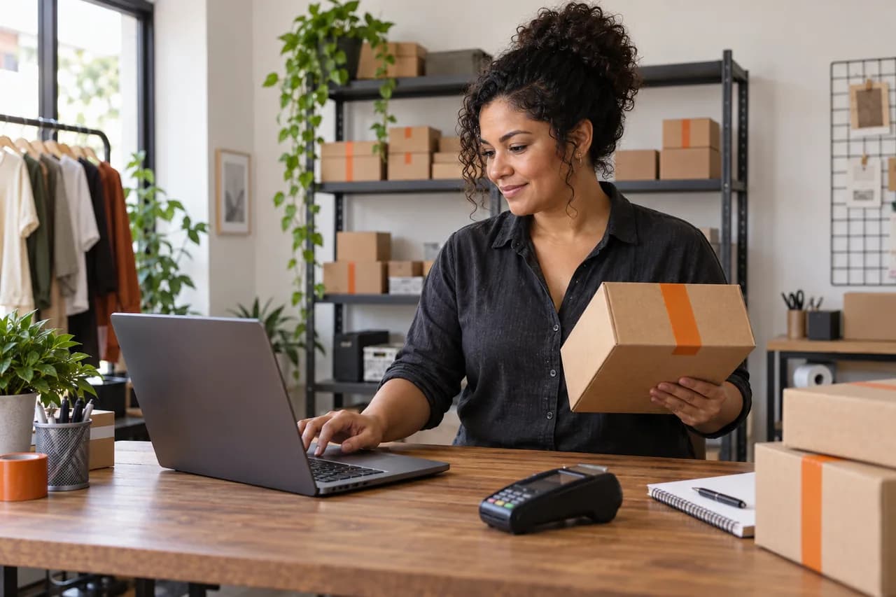 Cena ilustrativa de uma empresária organizando encomendas com notebook e maquineta no balcão.