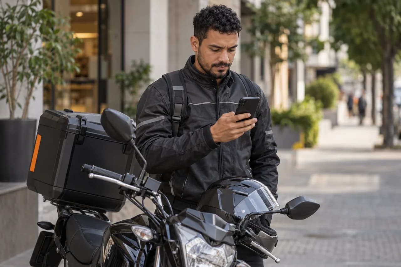 Cena ilustrativa de um entregador consultando o celular ao lado de uma moto estacionada.